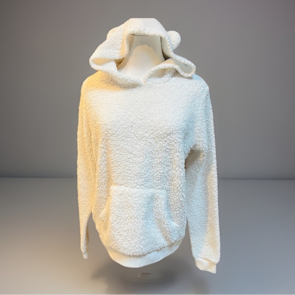 Cozy White Faux Sherpa Cat Ear Hoodie kangaroo pocket sz M pullover Sweater